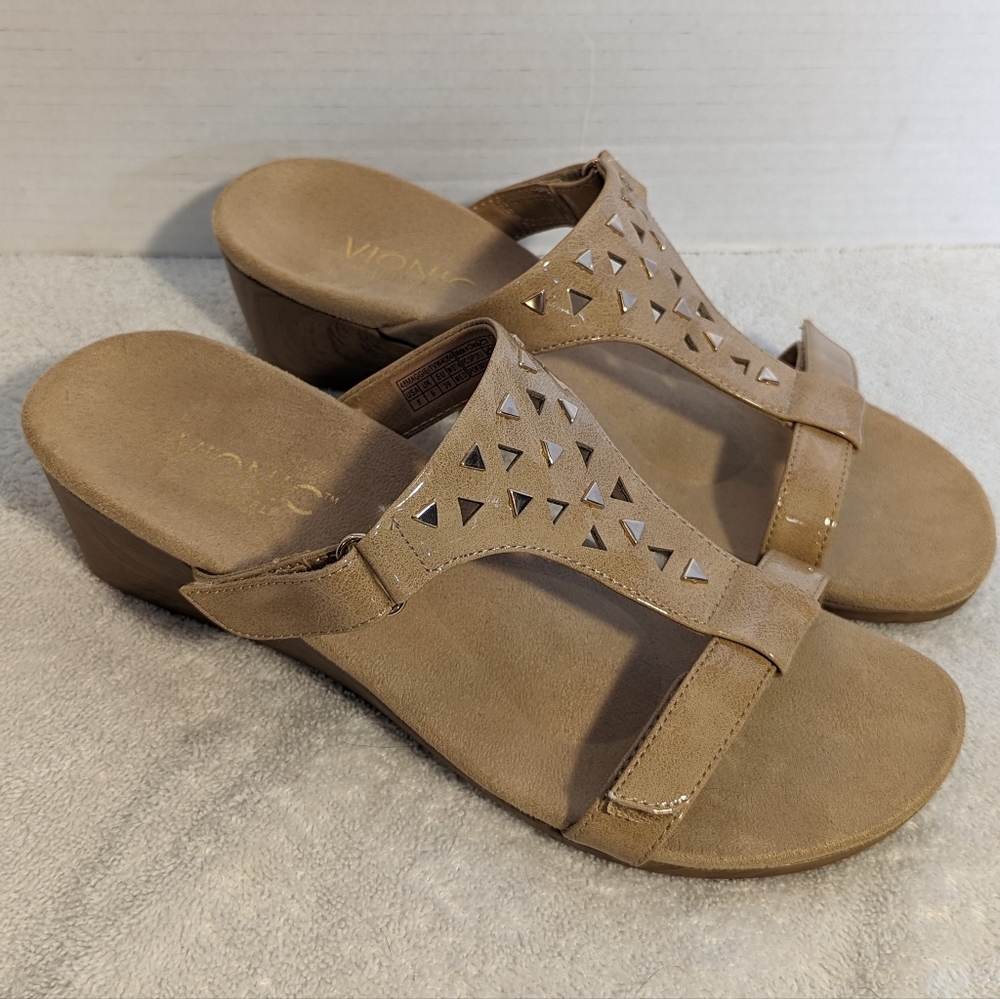 Vionic Tan Wedge Sandals with Stud Accents - Picture 3 of 15